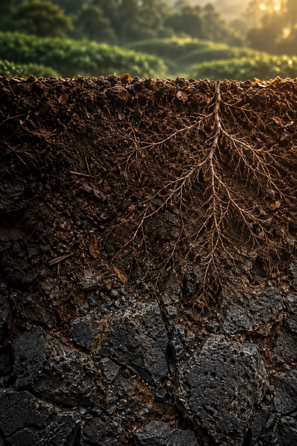 Illustration of volcanic soil and the root system